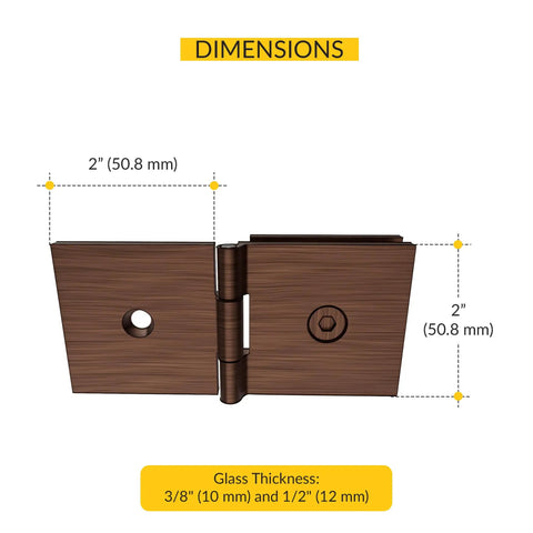 Adjustable Square Glass To Wall Clip With Solid Forged Brass Construction And Antique Copper Finish Backplate Two Inches By Two Inches Faceplate Two Inches By Two Inches Compatible With Three Eighths And One Half Inch Glass Panels For Frameless Showers with dimensions shown.