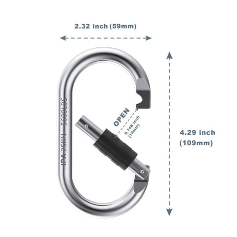 Beefy Heavy Duty Steel Carabiner Clip Set Rated 25kN 5600lbs showing dimensions 2.32 x 4.29 inches, open view