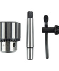Heavy Duty Drill Chuck One Thirty Second To Five Eighth Inch With MT2 JT3 Shank Keyed For Drill Press And Lathe Spindles Hardened Jaws For Balanced Clamping Built To Last Metalworking Tool Holding Accessory With A Secure Grip That Will Not Slip.