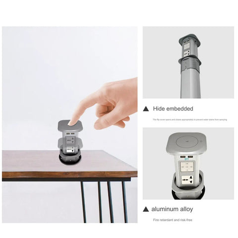 Heavy Duty Pop Up Power Strip With Integrated Wireless Charging Pad on desk with hand activating retractable mechanism.