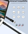 Cat 8 Ethernet Cable 10 Ft Black for Fast Home Network, connected to laptop showing universal compatibility icons