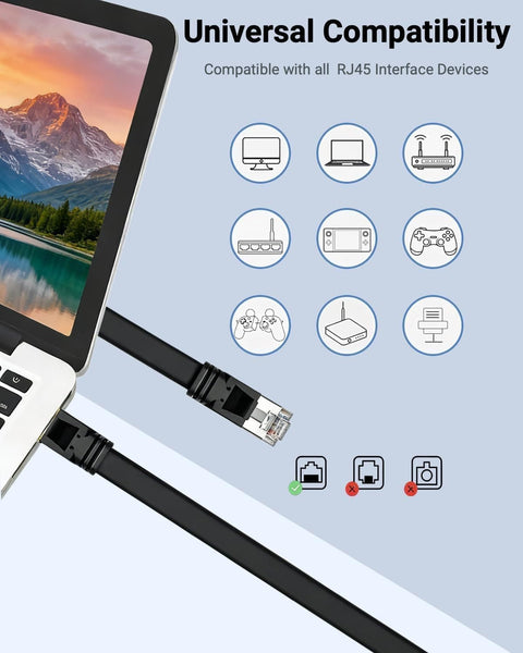 Cat 8 Ethernet Cable 10 Ft Black for Fast Home Network, connected to laptop showing universal compatibility icons