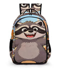 Front view of Burger Raccoon City Street Print Backpack For Men And Women, featuring cartoon raccoon design, large capacity daypack.