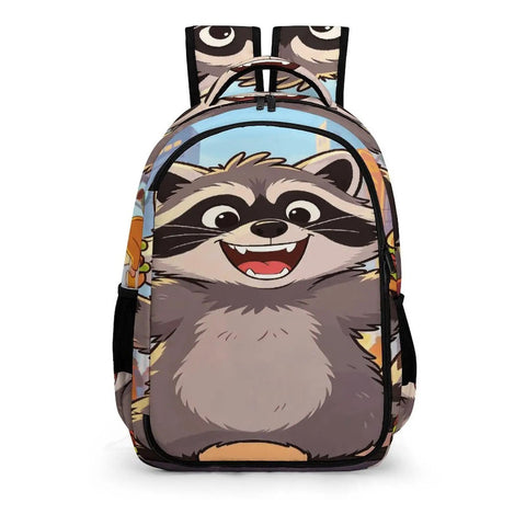 Front view of Burger Raccoon City Street Print Backpack For Men And Women, featuring cartoon raccoon design, large capacity daypack.