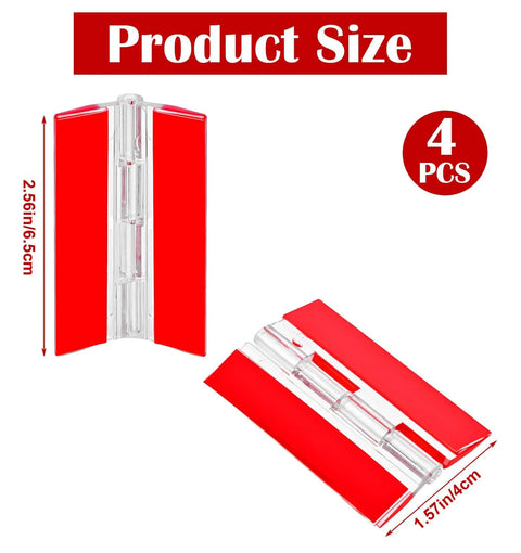 Clear Acrylic Self Adhesive Hinges 2.5 By 1.5 Inch 4 Pack in red background showing size dimensions in inches and cm.