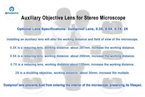 0.5x Barlow Lens For Stereo Zoom Microscope, Super Widefield Auxiliary Magnification, 47mm Mounting Diameter, Doubles Total Magnification, Extends Working Distance, Ideal Upgrade For Precision Stereo Microscopes. Auxiliary objective lens for stereo microscope, 47mm mount