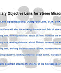 2.0x Barlow Lens for Stereo Zoom Microscope Doubles Magnification, Auxiliary Lens With 48mm Mounting, Increases Detail, Depth of Field, and Clear Close Ups for Lab, Classroom, and Hobby Microscope Work; product chart