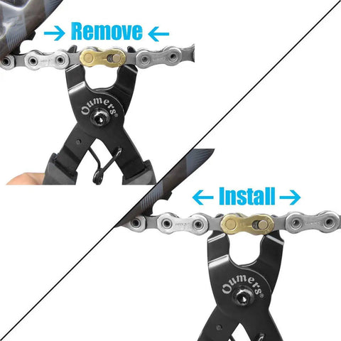 All In One Bike Chain Repair Kit With Master Link Pliers Chain Wear Gauge And Six Pairs Missing Links For 6 7 8 9 10 Speed Chains Quick Link Plier Tool For Fast Pro Bike Maintenance showing link pliers installing and removing links.