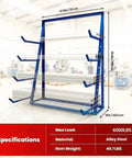 Beefy Industrial Cantilever Rack System For Heavy Duty Storage And Lumber Organization Freestanding Alloy Steel Pipe Rack With Upward Safety Hooks Garage Shed Workshop Storage 4000 LBS Capacity shown in workshop environment.