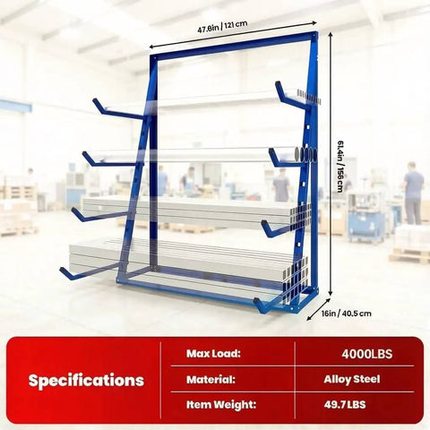 Beefy Industrial Cantilever Rack System For Heavy Duty Storage And Lumber Organization Freestanding Alloy Steel Pipe Rack With Upward Safety Hooks Garage Shed Workshop Storage 4000 LBS Capacity shown in workshop environment.