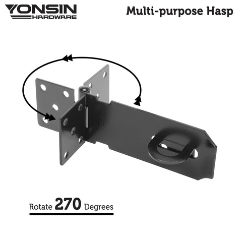 Built Tough 4 Inch Door Padlock Hasp Latch In Genuine 304 Stainless Steel With Sleek Matte Black Finish For Backyard Sheds Gates Toolboxes Solid One Piece Security Hardware Single Pack, shown from side angle with rotating feature.
