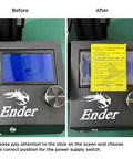 Ender 3 3D Printer control panel with display screen and power supply switch label, illustrating correct switch position