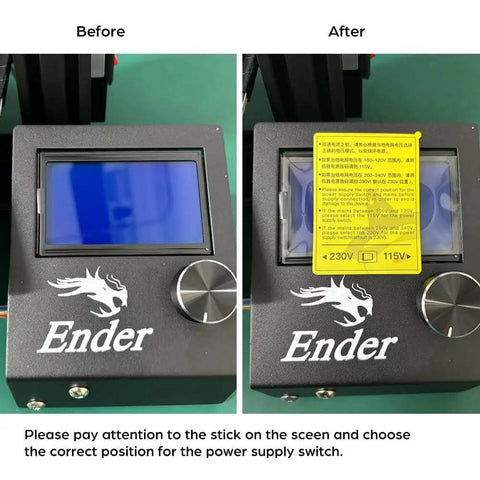 Ender 3 3D Printer control panel with display screen and power supply switch label, illustrating correct switch position