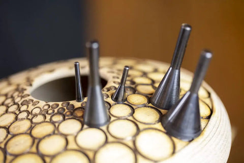 Concave Eye Cutter Set For Wood Carving, 8 Pcs Eye Detail Bits arranged on carved wood surface showing realistic eye details