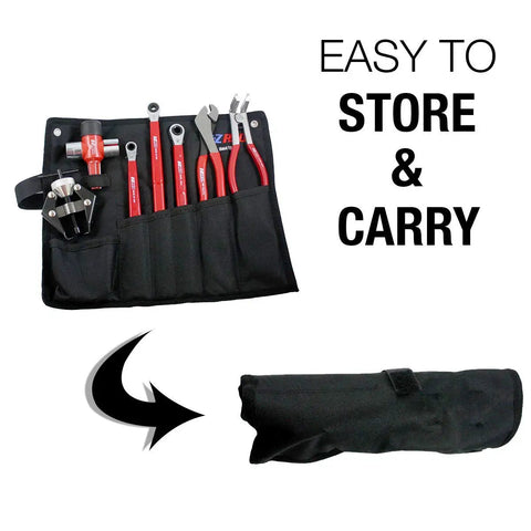 5 Piece Battery Maintenance Kit with Terminal Cleaner, 10mm Ratchet, Battery Pliers shown in portable storage case