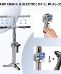 Heavy Duty Cabinet Lift Jack Tool 440 Lbs Capacity Adjustable Third Hand Support System with hand crank and electric drill features.