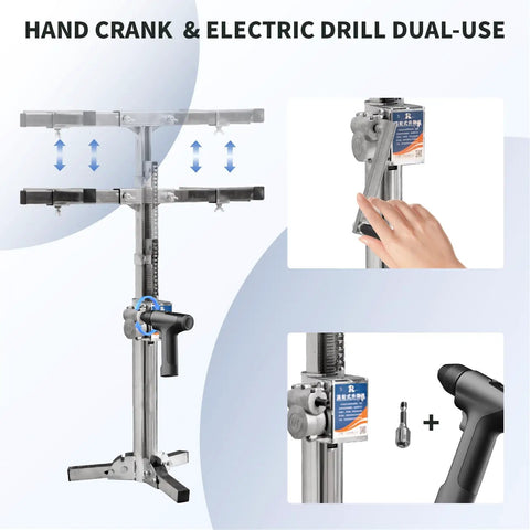 Heavy Duty Cabinet Lift Jack Tool 440 Lbs Capacity Adjustable Third Hand Support System with hand crank and electric drill features.