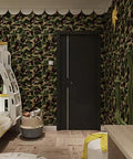 Room with colorful wallpaper showcasing Green Camouflage Peel And Stick Vinyl Contact Paper For Walls Cabinets Shelves Dresser Drawers And Furniture Decals Removable Waterproof Self Adhesive 17.7 By 117 Inches Ideal For Diy Projects And Rental Decor with a modern design.
