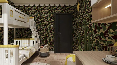 Room with colorful wallpaper showcasing Green Camouflage Peel And Stick Vinyl Contact Paper For Walls Cabinets Shelves Dresser Drawers And Furniture Decals Removable Waterproof Self Adhesive 17.7 By 117 Inches Ideal For Diy Projects And Rental Decor with a modern design.