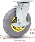 Top Shelf Heavy Duty Rubber Swivel Casters With 360 Silent Locking Brakes And Precision Ball Bearings For Furniture And Rolling Cabinets 5 Inch wheel with gold rim and steel bracket.
