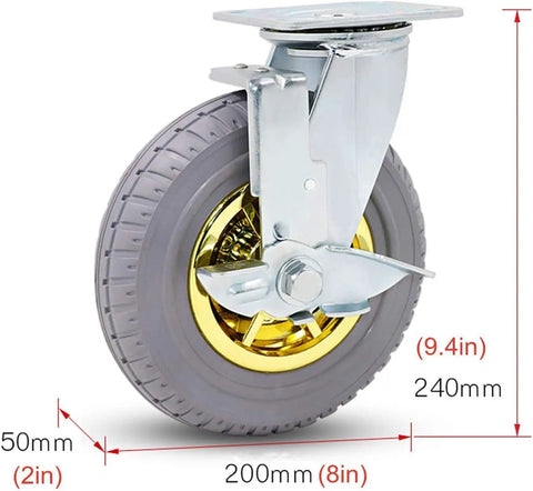 Top Shelf Heavy Duty Rubber Swivel Casters With 360 Silent Locking Brakes And Precision Ball Bearings For Furniture And Rolling Cabinets 5 Inch wheel with gold rim and steel bracket.