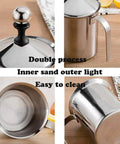 Stainless Steel Manual Milk Frother Handheld Foam Maker For Coffee Cappuccino Latte Hot Chocolate 14 Ounce 400ml visible in four views on kitchen counter.