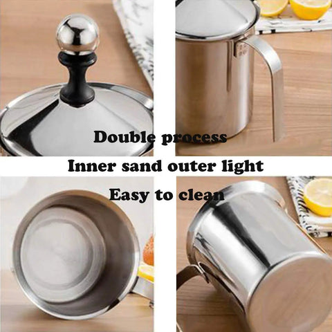 Stainless Steel Manual Milk Frother Handheld Foam Maker For Coffee Cappuccino Latte Hot Chocolate 14 Ounce 400ml visible in four views on kitchen counter.