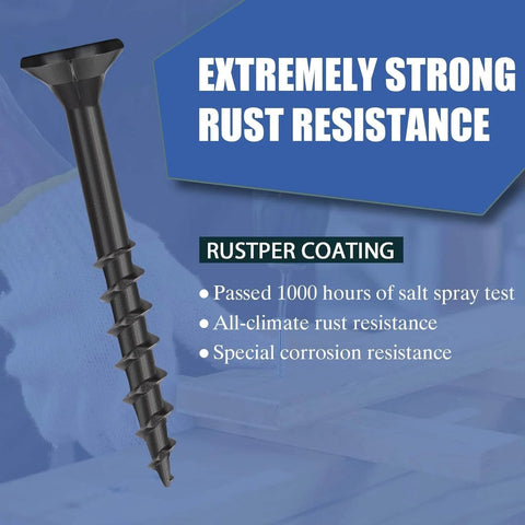 Black Deck Screws For Wood And Outdoor DIY Projects, Rust Proof And Salt Spray Ready, Epoxy Coated With T25 Torx Bit Included, Built To Stand Up To Pressure Treated Lumber Or Composite Decks, Perfect For Fences And Decks, 0.44 Lb Trial Pack, Size 8 By 1, shown close-up with rust resistance features