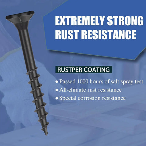 Heavy Duty Number 8 By 2 Inch Black Deck Screws Tough Carbon Steel Fasteners Rust Free Corrosion Resistant Hardware with rust resistance detail.