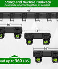 Heavy Duty Garage Tool Organizer With 48 Inch Rails And Six Double Layer Hooks, Wall Mount Storage Rack for organizing tools.