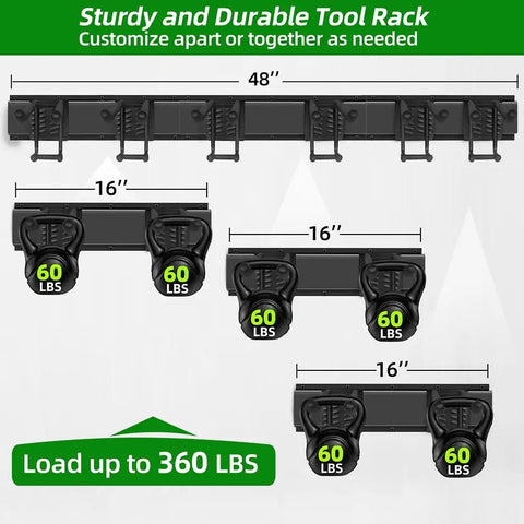 Heavy Duty Garage Tool Organizer With 48 Inch Rails And Six Double Layer Hooks, Wall Mount Storage Rack for organizing tools.
