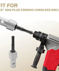 Round Shank Auger Drill Adapter For Electric Drills To Ground Drills Earth Auger Converter Head With SDS Plus Fit shown attached to drill