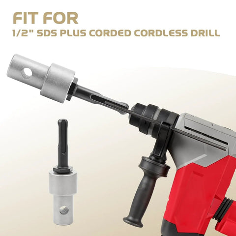 Round Shank Auger Drill Adapter For Electric Drills To Ground Drills Earth Auger Converter Head With SDS Plus Fit shown attached to drill