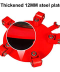 Premium Heavy Duty 22000 Lbs Machinery Skate Dolly With 360 Degree Rotation And Badass Smooth Polyurethane Wheels detailed view of red dolly with thickened 12MM steel plate.