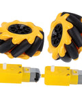 Two yellow 60mm mecanum wheels with black rubber rollers and two yellow geared motors for DIY robot car kits