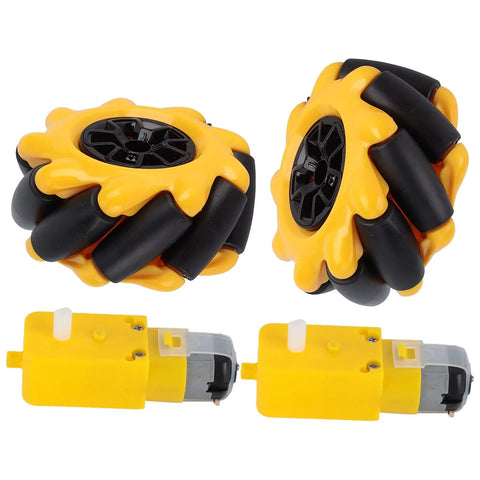 60mm mecanum wheels for robot cars, yellow and black with geared motors, ideal for four-wheel drive builds, DIY robotics.
