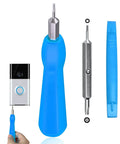 All In One Video Doorbell Screwdriver Bit Set With T6 And T15 Torx Heads For Battery And WiFi Access, A Workhorse Universal Tool That Fits All Video Doorbell Models Including 1 2 Pro And Elite, Blue Finish in assembled and disassembled views.