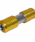 Angled side view of gold-finish socket sleeve adapter with double-ended hex sockets and steel shaft