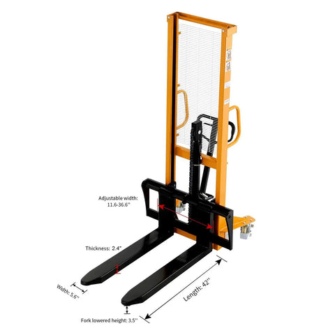Heavy Duty Manual Pallet Stacker 2200 Lb Capacity With 63 Inch Lift Height Fixed Leg Design And Adjustable Forks visible