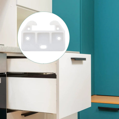 Installed white plastic drawer guide in a cabinet, showing 10 Pieces White Plastic Drawer Guides Rear Drawer Replacement Brackets With Screws, Drawer Track Parts For Furniture, Dressers, Wardrobe 59x41x16.5mm Fits.