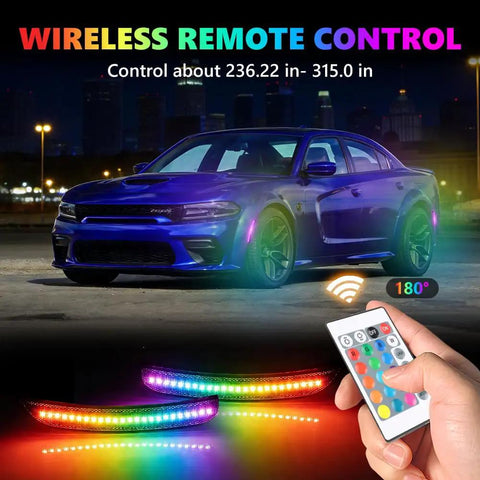 Dodge Charger Dope RGB Full LED Side Marker Lights Kit For 2015-2023 with wireless remote and 16 colors, front view at night.