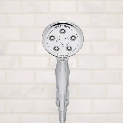 High Flow Adjustable Shower Head With AnyStream 360 Degree Technology, Transitional Style, Premium Finish, displayed against tile.