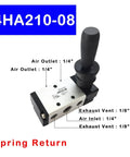 Five Way Pneumatic Air Valve With Hand Lever, One Quarter Inch Inlet, Two Position, Five Port, Manual Control, Aluminum Body
