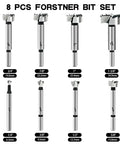 Eight Piece Heavy Duty Hex Shank Forstner Bit Set Built From Heat Treated Steel for drilling, includes varying sizes from 1/4" to 1-3/8".