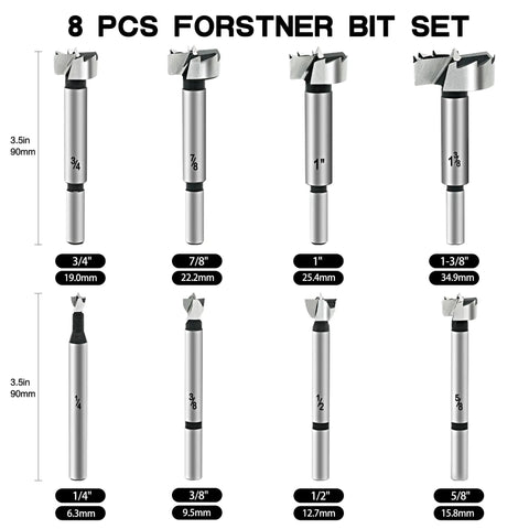 Eight Piece Heavy Duty Hex Shank Forstner Bit Set Built From Heat Treated Steel for drilling, includes varying sizes from 1/4" to 1-3/8".