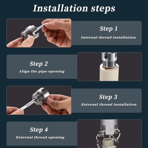 Installation steps for Dezaup 5 Piece PVC Pipe Threader Kit and Heavy Duty Broken Bolt Extractor Set with threading images.