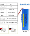 Beefy 5000mAh 3.7V Li Ion RC Battery With JST XH 2P Plug for RC Cars Boats Trucks and specs table with dimensions