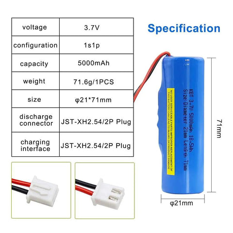 Beefy 5000mAh 3.7V Li Ion RC Battery With JST XH 2P Plug for RC Cars Boats Trucks and specs table with dimensions