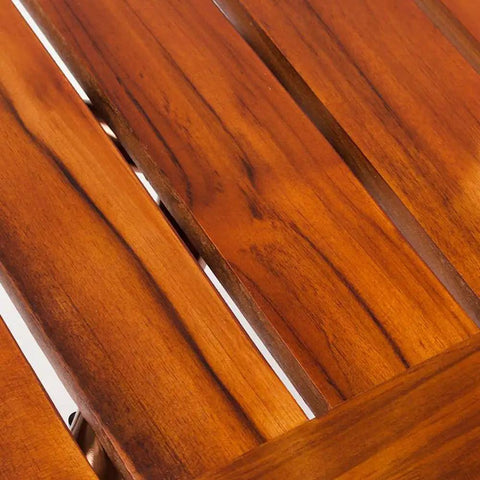 Close-up of Teak Wood Bath Shower Stool With Non Slip Feet Height Adjustable Lightweight Shower Bench slatted surface