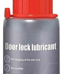 Front view of a metal container labeled 'Door lock lubricant' with a red cap, designed for friction-free application on locks and keyholes.